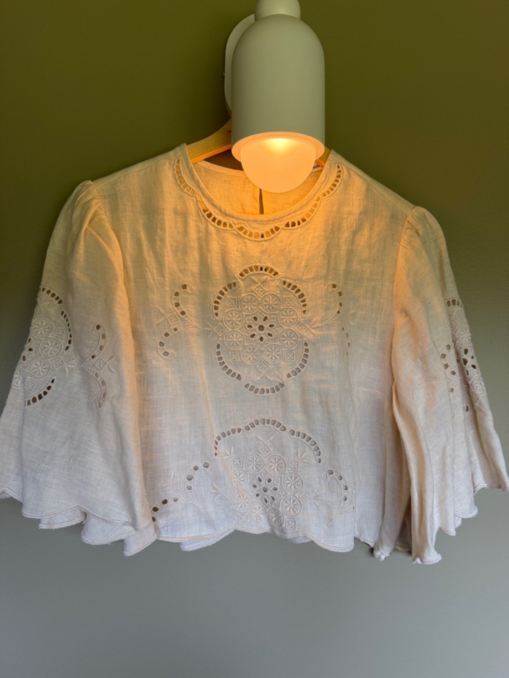 Abercrombie Women's Cream Eyelet Embroidered Linen Top- cropped flutter sleeves